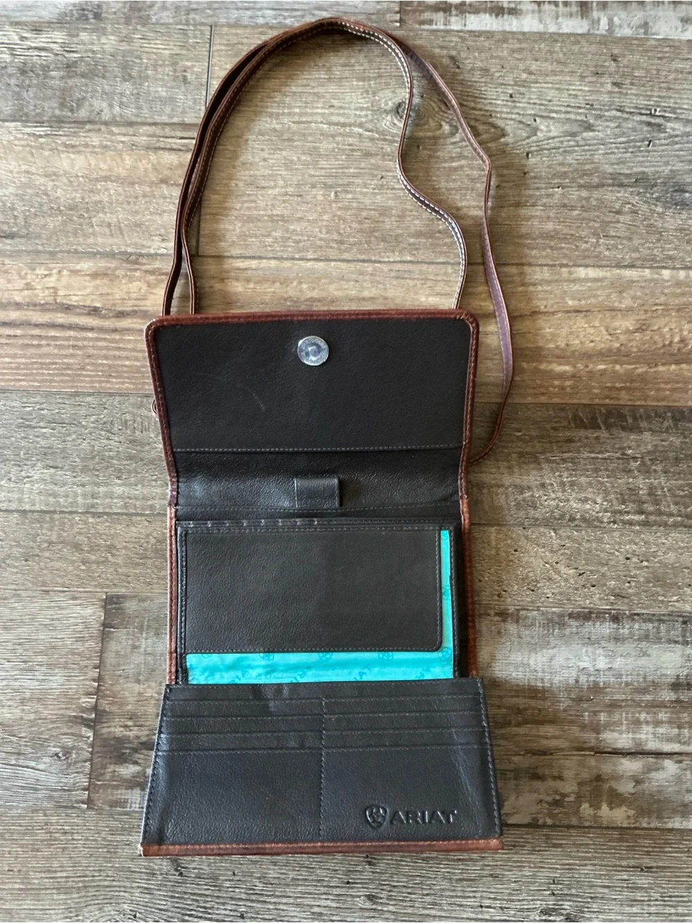 Ariat Dark Brown Leather Crossbody Wallet with Cream Stitching